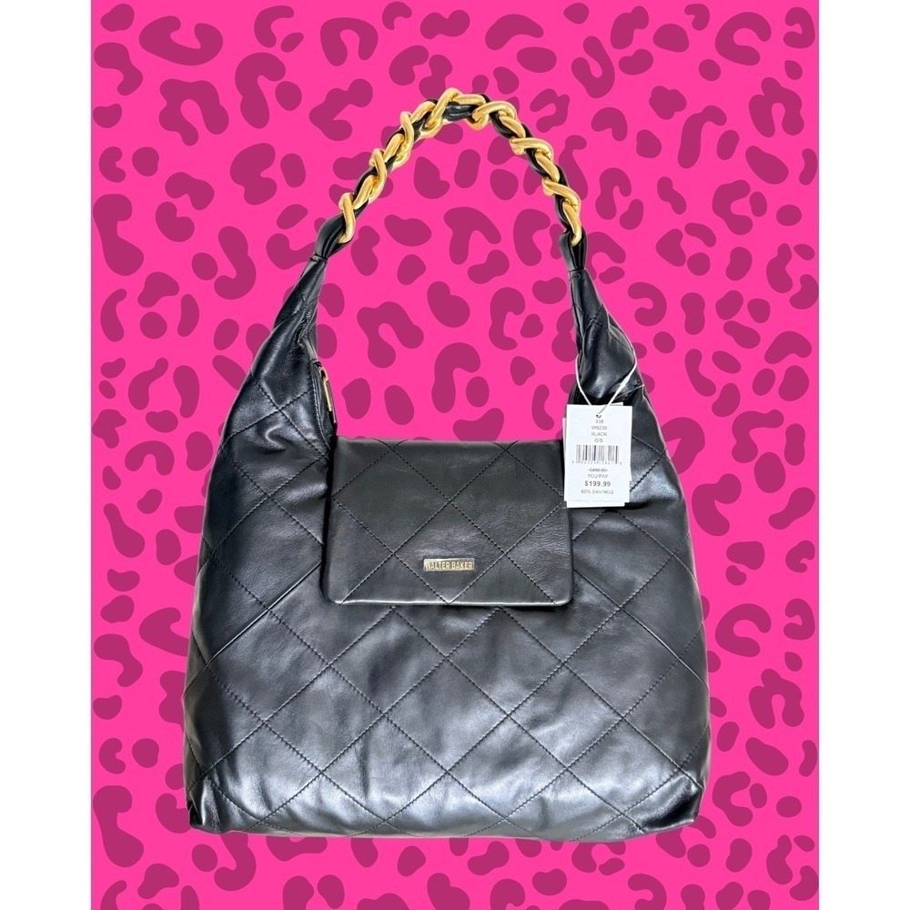 Walter Baker Black Quilted Leather Hobo Bag Gold Chain Handle W9230 NWT